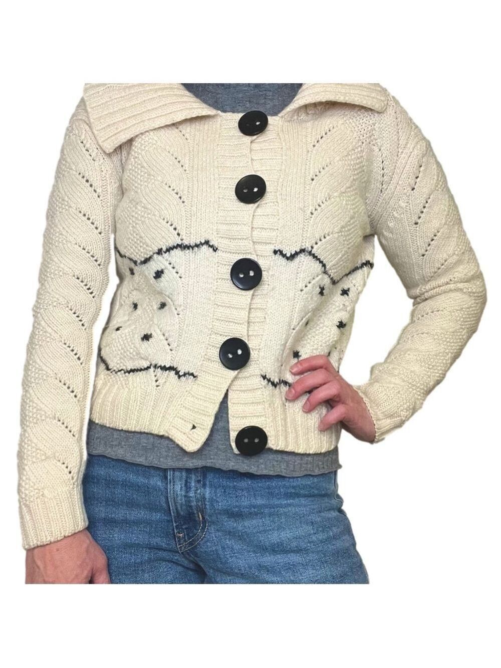 HANDMADE Cream Wool Cardigan Sweater Cropped Large Black Buttons Wide Collar S